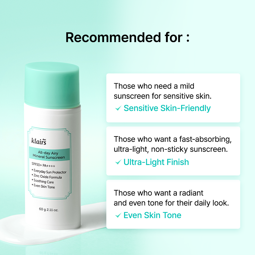 Klairs All‑day Airy Mineral Sunscreen SPF50+ PA++++(5 pcs) 5 https://wishtrend.com/cdn/shop/files/All-dayAiryMineralSunscreen_PDP_06_5c5cdafe-c5f5-435c-a386-1e02f8756c7a_2048x2048.png?v=1725331879